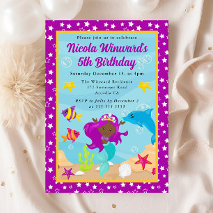 Cute Purple Haired Mermaid Kids Birthday  Invitation