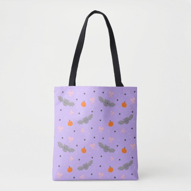 Cute Purple Halloween Bat Pattern Tote Bag (Front)
