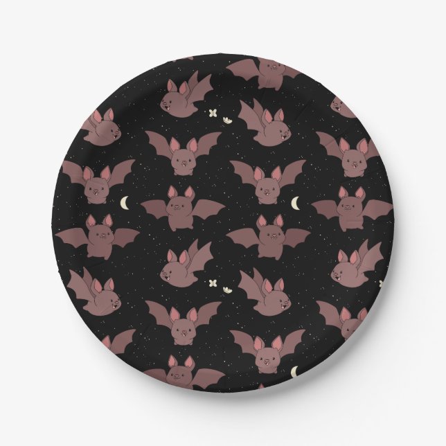 Cute Purple Halloween Bats in the Night Sky Paper Plate (Front)
