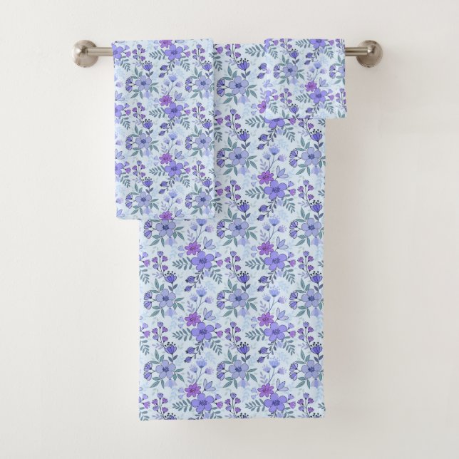 Cute Purple Hand Drawn Florals Bath Towel Set (Insitu)