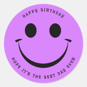 Cute Purple Happy Face Birthday Classic Round Sticker