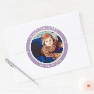 Cute Purple Hearts Photo Kids First Happy Birthday Classic Round Sticker
