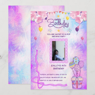 Cute Purple K-Pop Birthday Party Invitation