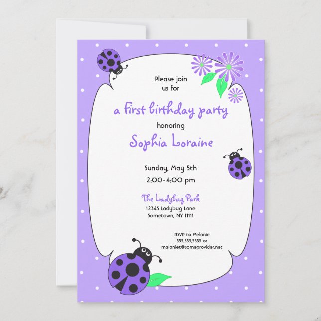 Cute Purple Ladybug Invitation (Front)