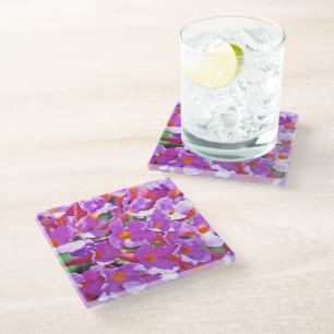 Cute purple little flowers glass coaster