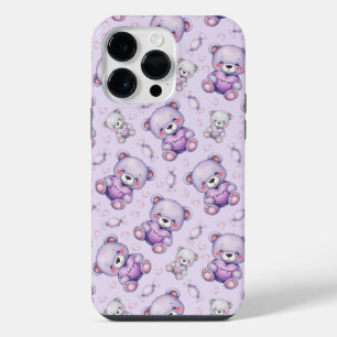 Cute Purple Love Bear and Hearts Seamless Pattern iPhone 14 Pro Max Case