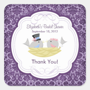 Cute Purple Love Birds Bridal Shower Square Square Sticker