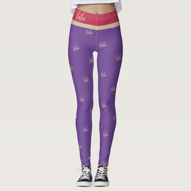 Cute Purple Magenta Gold XOXO Typography Leggings (Front)