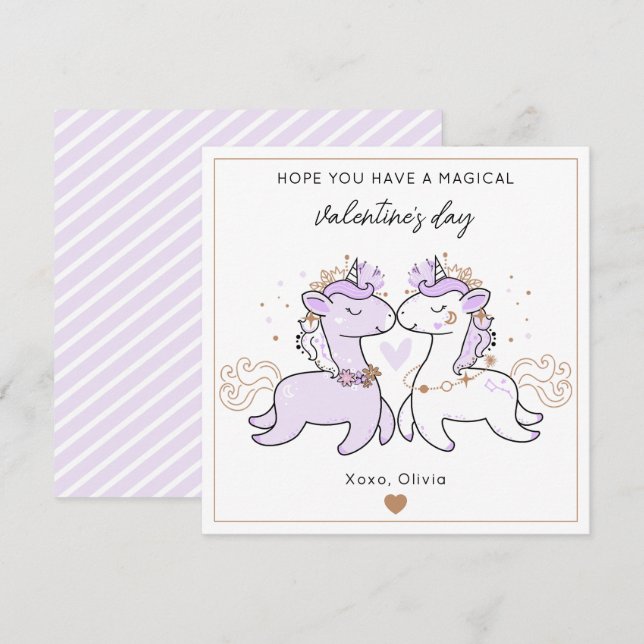 Cute Purple Magical Unicorn Kids Valentine's Day  Card (Front/Back)