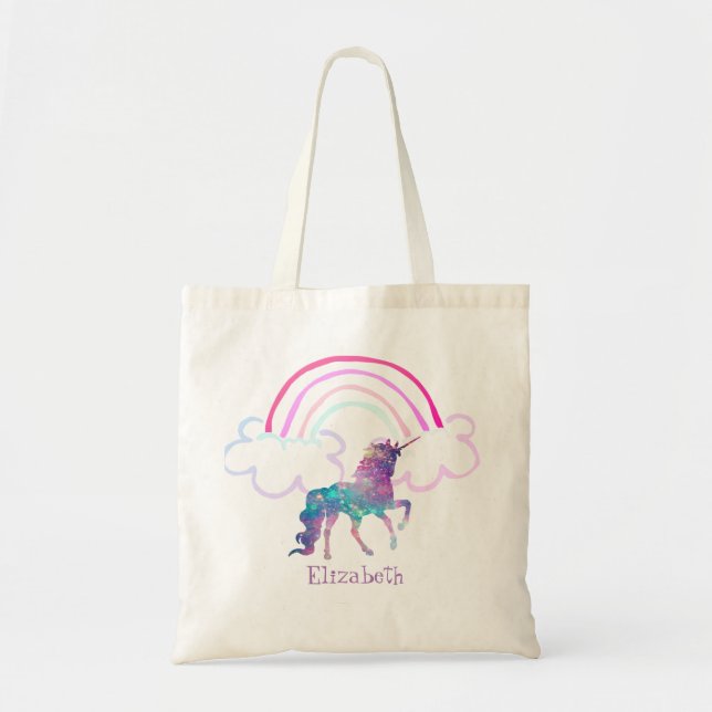 Cute Purple Magical Unicorn, Rainbow Tote Bag (Front)