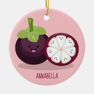 Cute purple mangosteen cartoon illustration ceramic ornament