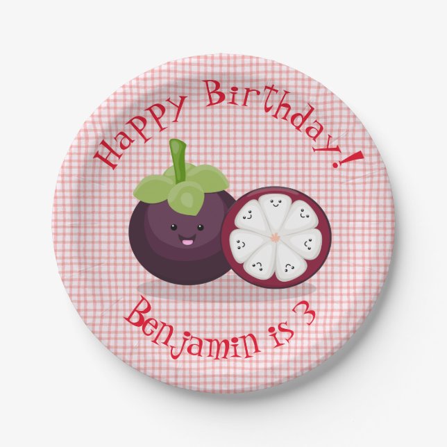 Cute purple mangosteen cartoon illustration paper plate (Front)