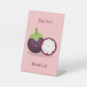 Cute purple mangosteen cartoon illustration pedestal sign