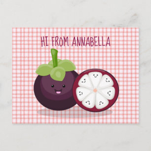 Cute purple mangosteen cartoon illustration postcard