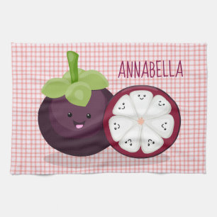 Cute purple mangosteen cartoon illustration tea towel