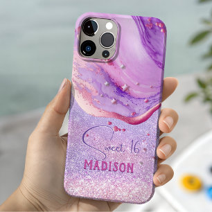 Cute purple marble art glitter monogram iPhone 15 case