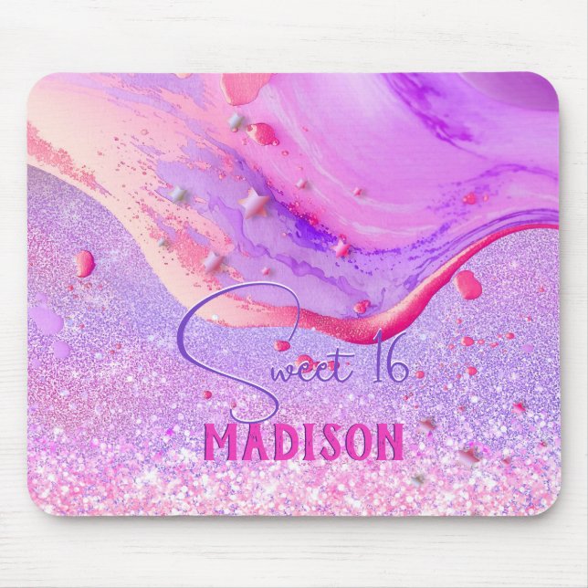Cute purple marble art glitter monogram mouse pad (Front)