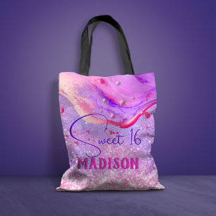 Cute purple marble art glitter monogram tote bag