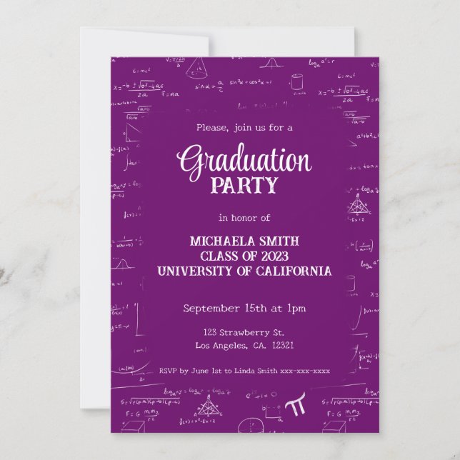 Cute Purple Math Hand-Lettering Photo Graduation Invitation (Front)