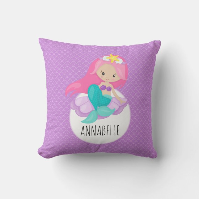 Cute Purple Mermaid Girl Princess Sea Shell Scales Cushion (Front)