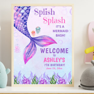 Cute Purple Mermaid Tail, Girl's Birthday Party Poster