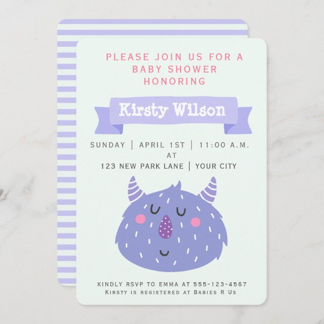 Cute Purple Monster | Baby Shower Invitation (Front/Back)