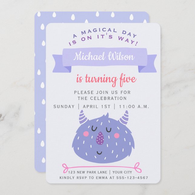 Cute Purple Monster | Kids Birthday Invitation (Front/Back)