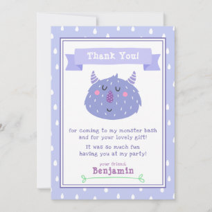 Cute Purple Monster Monster Bash Kids Birthday Thank You Card