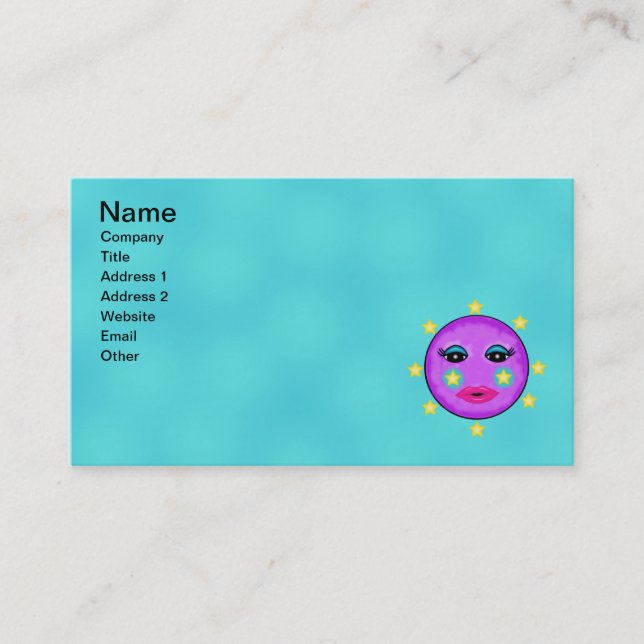 Cute Purple Moon Face Pink Lips Star Cheeks Business Card (Front)