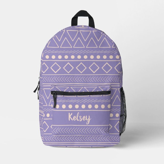 Cute Purple Mudcloth Monogram Name Printed Backpack (Front)