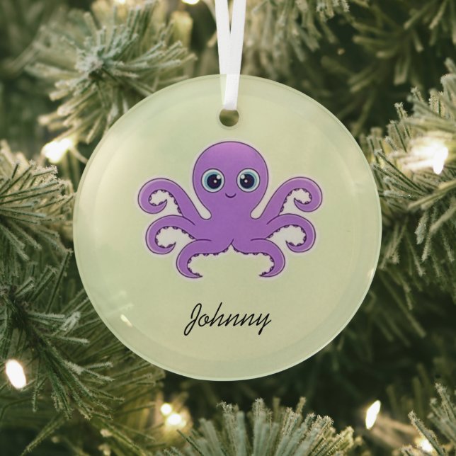 Cute purple octopus green glass tree decoration (Insitu)
