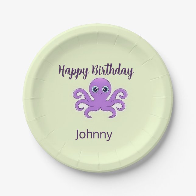 Cute purple octopus green paper plate (Front)