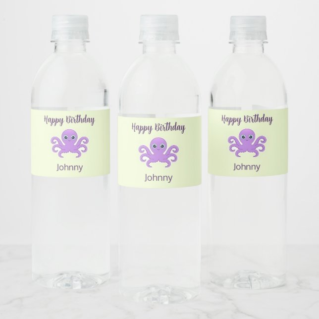 Cute purple octopus green water bottle label (Bottles)