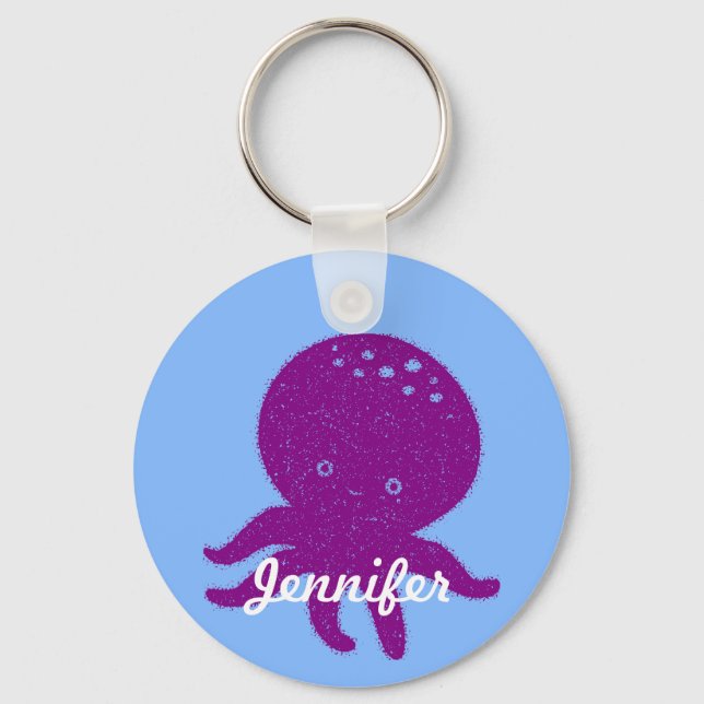 Cute Purple Octopus Personalised Name Key Ring (Front)