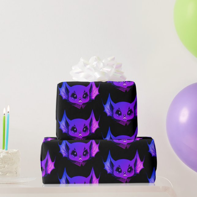 Cute Purple On Black Vampire Bat Halloween Cartoon Wrapping Paper (Party Gifts)