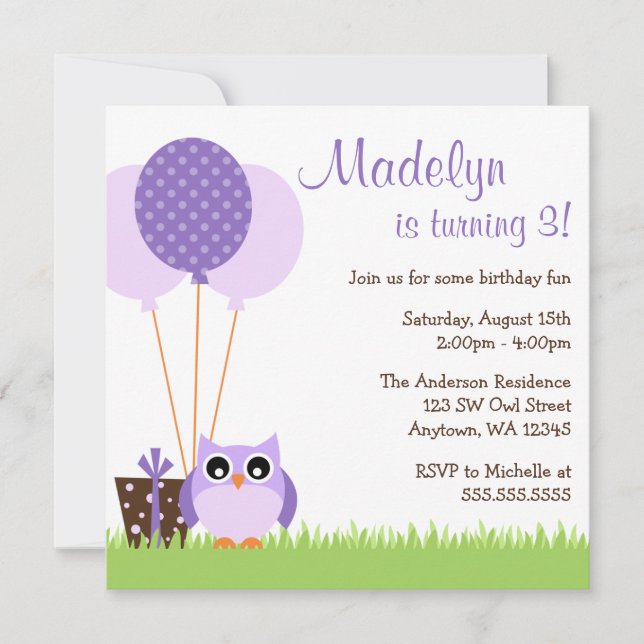 Cute Purple Owl Balloons Birthday Invitations (Front)
