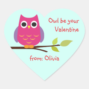 Cute purple owl classroom valentine personalised heart sticker