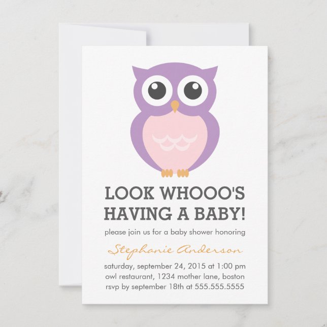 Cute Purple Owl Girl Baby Shower Invitations (Front)