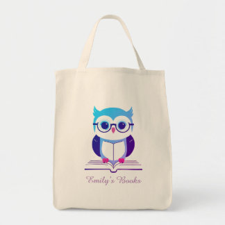 Cute purple owl on book personalised library book tote bag