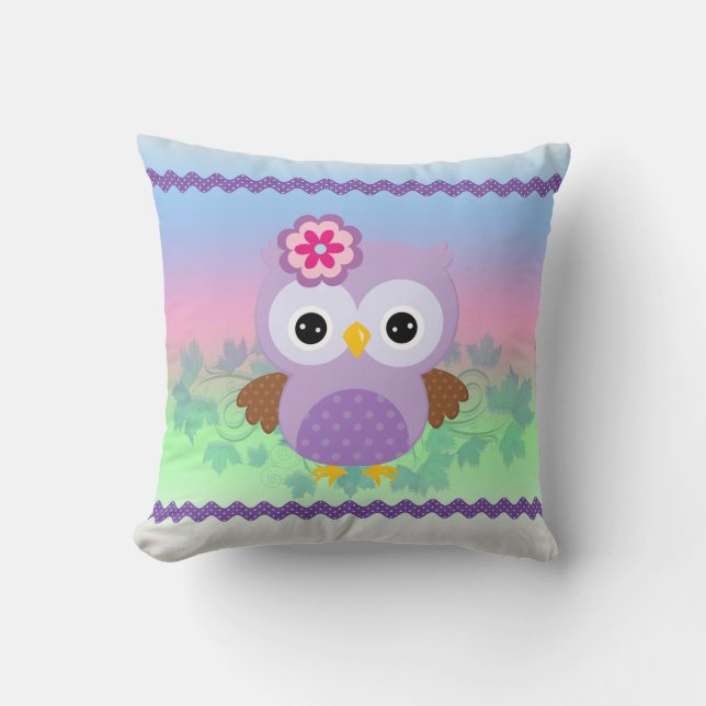 Cute Purple Owl Throw Pillow (Front)