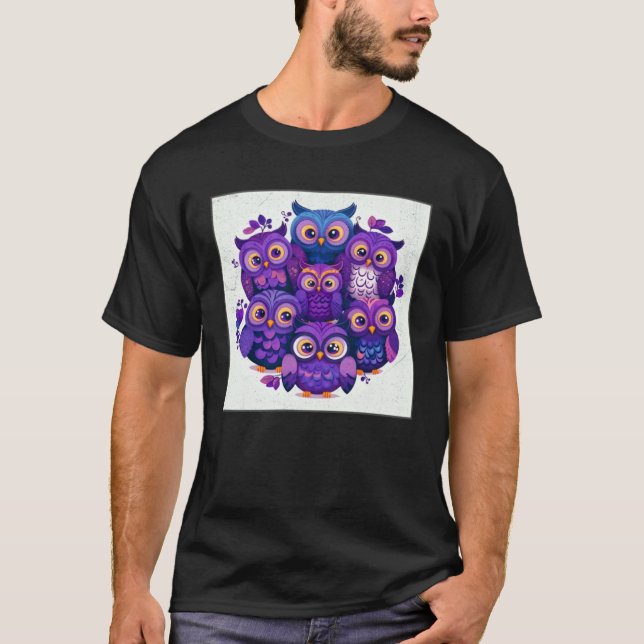 Cute Purple Owls Illustration Minimal Unique Big E T-Shirt (Front)