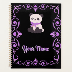 Cute Purple Panda Bow Ornate Damask Frame Planner