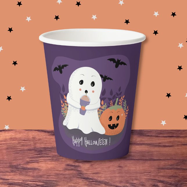 Cute Purple Paper Cup with Halloween Ghost (Cute purple paper cups with a cute Halloween ghost . )