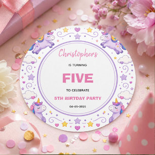 Cute Purple Pastel Magic Unicorn 5th Birthday Classic Round Sticker
