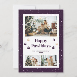 Cute Purple Paw Prints Snow Photo Happy Pawlidays Holiday Card