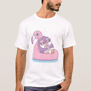 Cute Purple Penguin Chilling On Pink Flamingo Pool T-Shirt