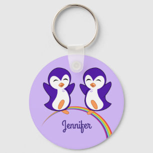 Cute Purple Penguin Monogram Rainbow Kids Key Ring