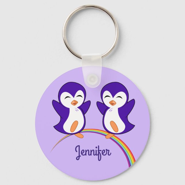 Cute Purple Penguin Monogram Rainbow Kids Key Ring (Front)