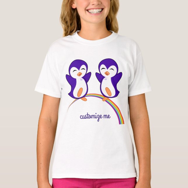 Cute Purple Penguin on Rainbow Custom Kids T-Shirt (Front)