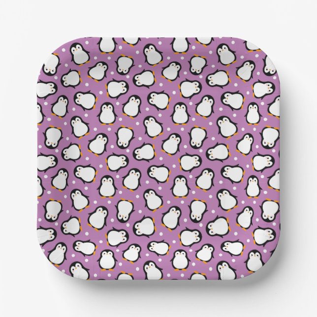 Cute purple penguin pattern paper plate (Front)